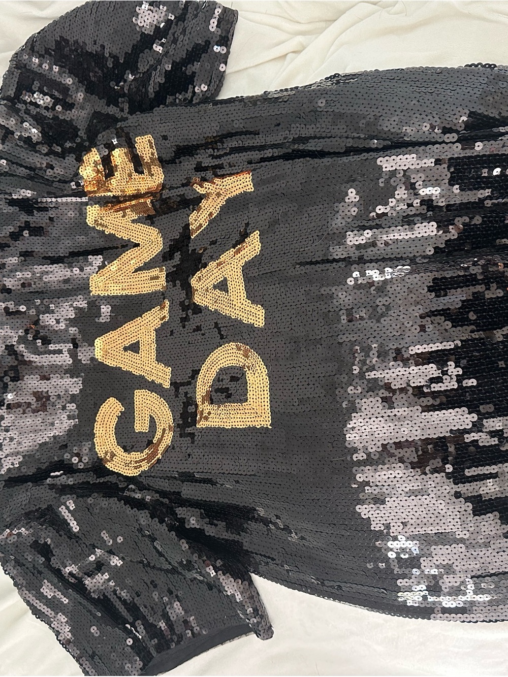 Moss & Spy Black Sequin Dress with Gold Lettering